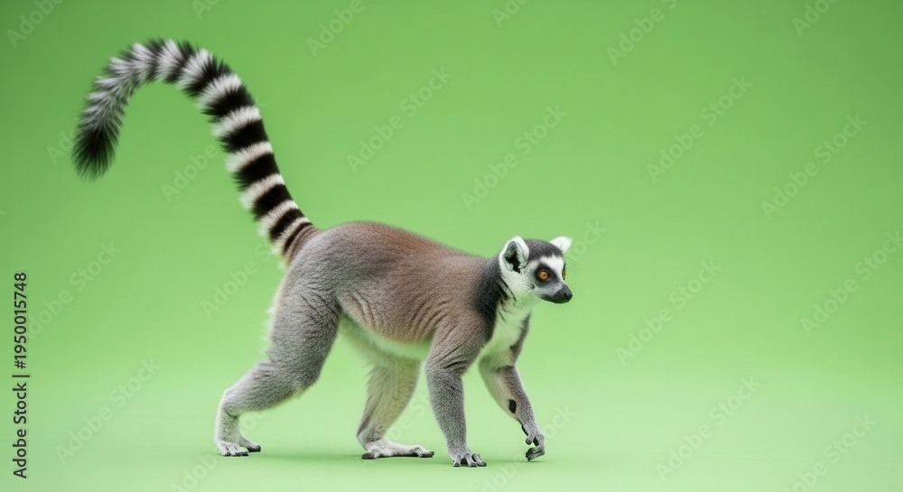 Obraz premium Cute Ring-Tailed Lemur Standing On Green Background for Wildlife Photography