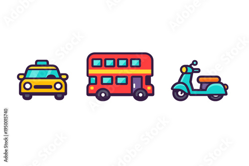 A set of three colorful transportation icons featuring a yellow taxi