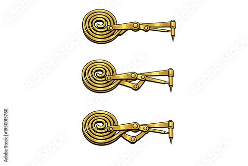 A set of three golden mechanical arm icons featuring spiral coils and