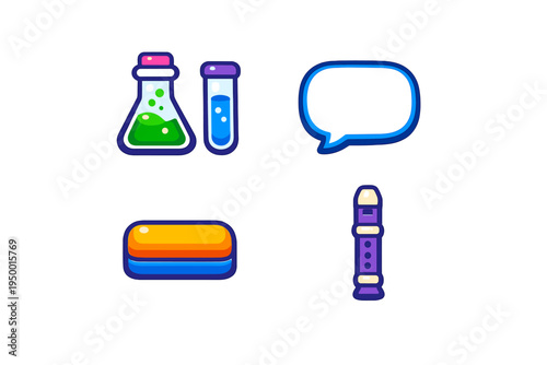 A collection of four colorful vector icons featuring science lab
