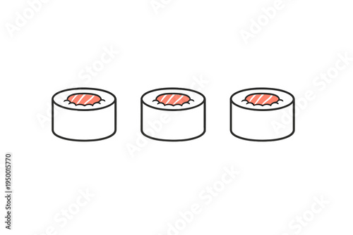 A minimalist vector illustration of three salmon maki sushi rolls