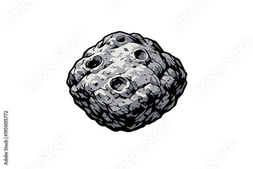 A stylized vector illustration of a cratered asteroid or meteor