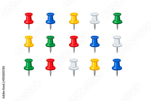 A collection of colorful push pins or thumbtacks in red, blue