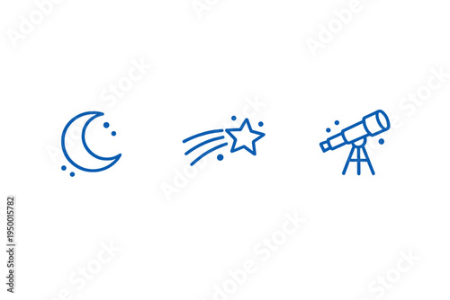 A set of three minimalist blue line art icons featuring a crescent