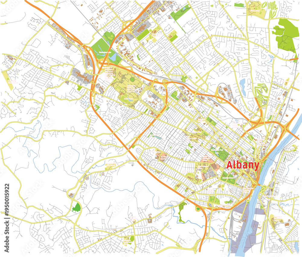 Obraz premium Albany Topographic Color Map, New York with Hudson River, Highways and Streets, Editable Vector
