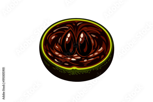 A stylized vector illustration of a halved black sapote fruit