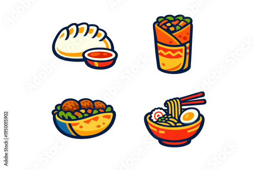 A collection of four vibrant food stickers featuring a dumpling with