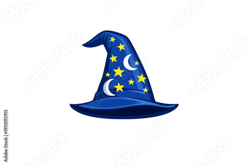 A blue wizard hat with a pointed, curved tip, decorated with yellow