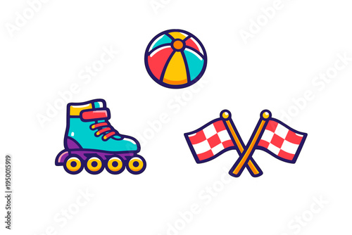 A collection of vibrant vector stickers featuring a colorful beach