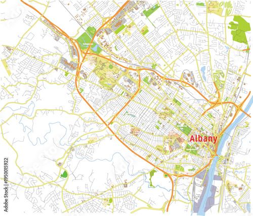 Albany Topographic Color Map, New York with Hudson River, Highways and Streets, Editable Vector