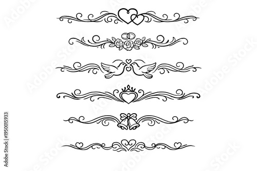A collection of six hand-drawn wedding dividers featuring romantic