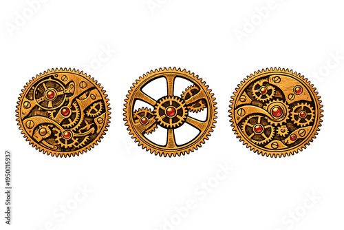 Set of three intricate steampunk gear mechanisms featuring golden