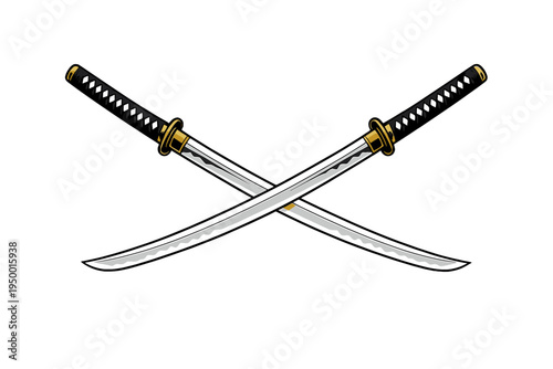 Vector illustration of two crossed Japanese samurai swords featuring
