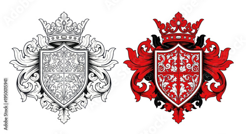 Ornate Heraldic Shield with Crown and Flourishes - Black and White and Red/Black Color Versions