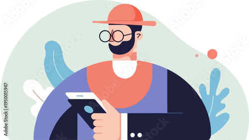Flat design illustration of a man with a beard, glasses, and hat, using his phone