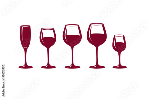 This vector illustration features five distinct wine glass shapes