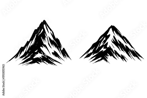 Two minimalist mountain peak illustrations featuring a black ink