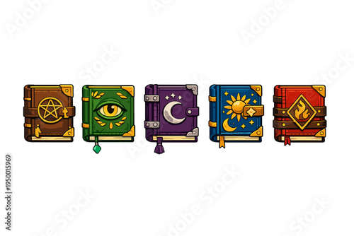 A set of five magical spellbooks or grimoires in various colors, each