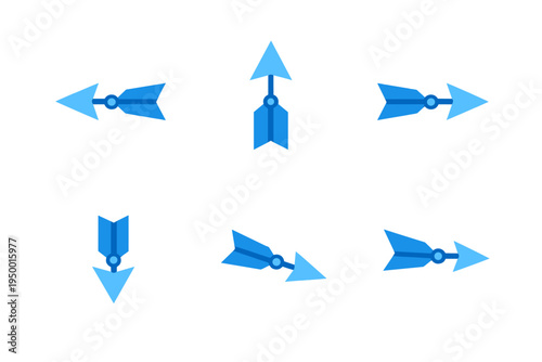 A collection of six blue stylized arrow icons pointing in various