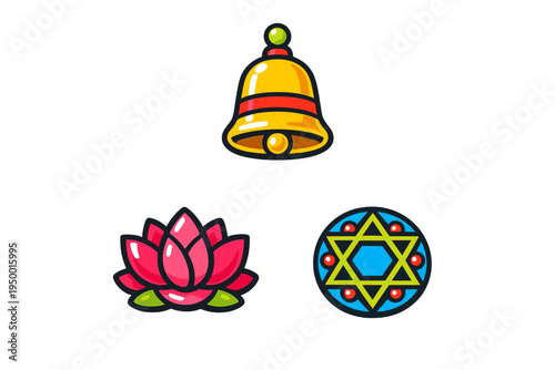 A collection of three colorful vector icons featuring a yellow bell