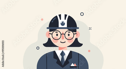 Flat design illustration of a smiling person wearing a hard hat and suit