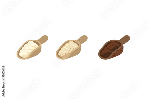 A set of three wooden scoops containing white flour, granulated