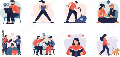 Diverse people engaged in various activities like work, exercise, and leisure