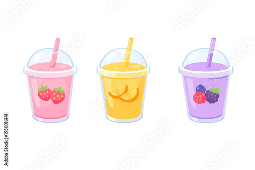 Vector illustration of three colorful fruit smoothies in plastic