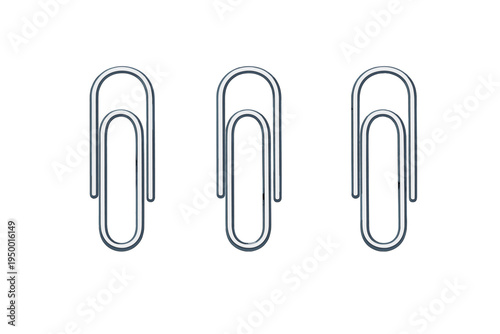 A set of three silver metallic paper clips arranged in a horizontal