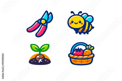 A collection of four cute gardening icons featuring pruning shears, a
