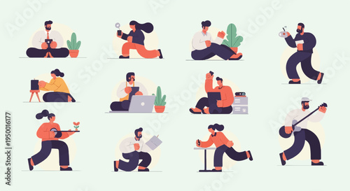 Diverse people engaged in various activities like work, leisure, and creation