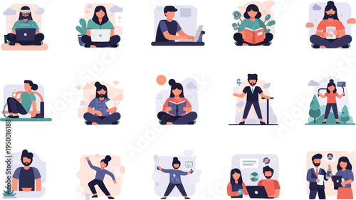 Diverse people engaged in various activities like work, reading, exercise, and content creation