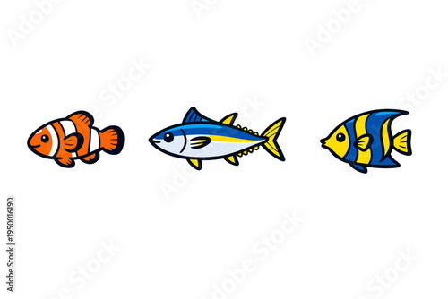 A set of three stylized cartoon fish icons featuring a clownfish, a