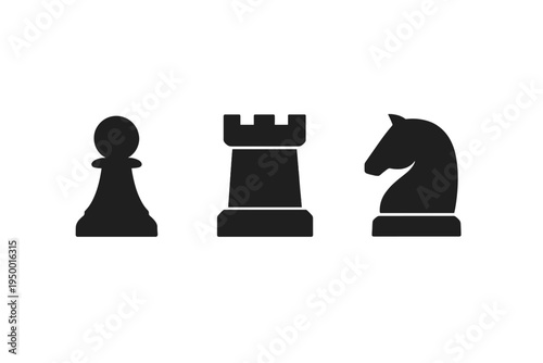 A set of three black chess piece icons featuring a pawn, a rook, and