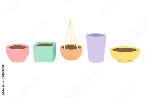 A collection of five colorful flower pots and planters in various