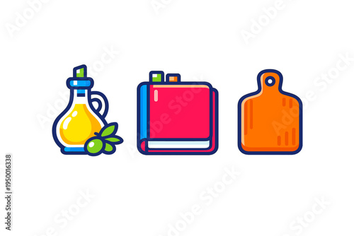 A set of three flat vector icons for cooking and kitchen themes