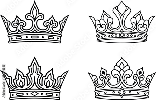 Four ornate crowns with floral motifs and jewels
