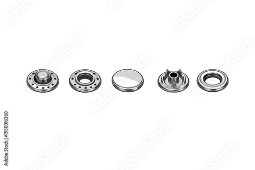 A set of five metallic snap fastener components isolated on a white