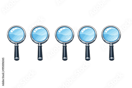 Five identical magnifying glass icons arranged in a horizontal line