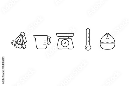 A set of five minimalist line icons representing kitchen measurement