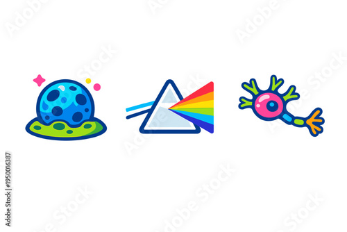 A collection of three colorful vector icons featuring a blue cratered