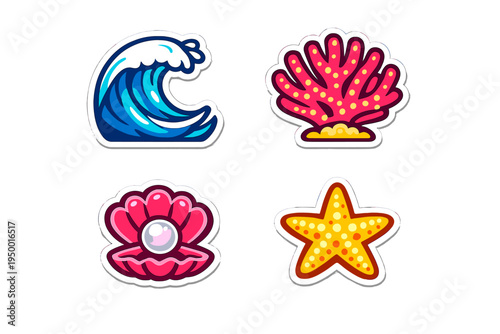 A collection of four ocean-themed vector stickers featuring a blue