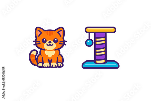 A cute ginger kitten sitting next to a colorful cat scratching post