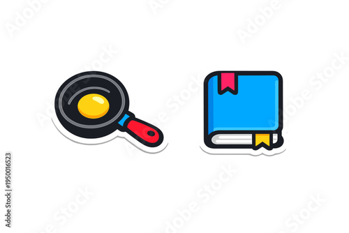 A set of two flat vector icons featuring a black frying pan with a
