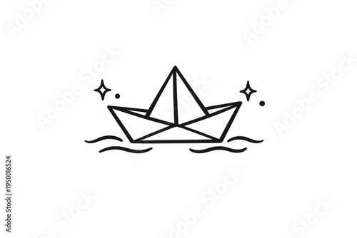 A minimalist black line art illustration of an origami paper boat
