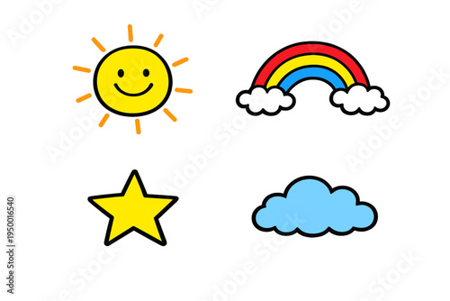 A collection of simple weather and sky icons featuring a smiling