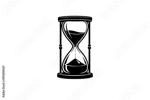 A black and white vector illustration of a classic hourglass with