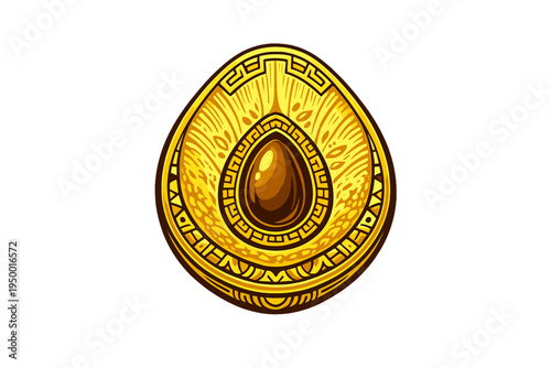 An ornate golden egg illustration featuring a central amber gemstone