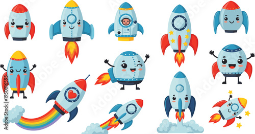 Cute cartoon rocket spaceship characters collection with smiling space shuttle launch vector illustration set for kids