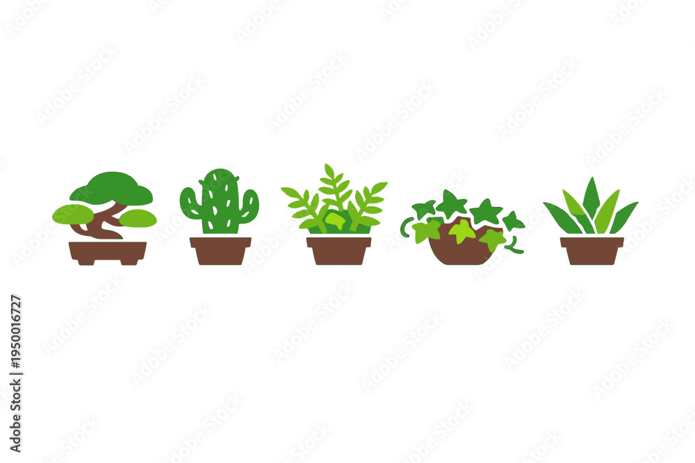 Fototapeta premium A set of five flat vector icons featuring various indoor potted